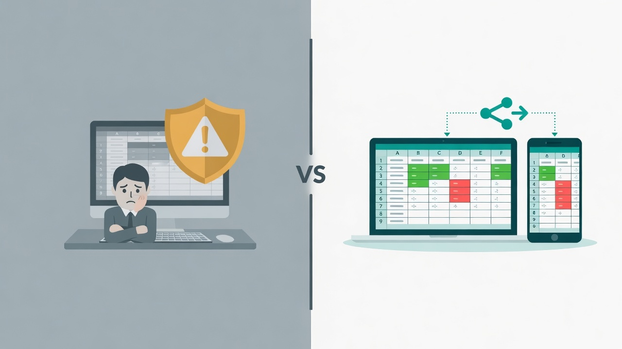 Locked desktop install versus a highlighted spreadsheet opened on laptop and phone from a share link