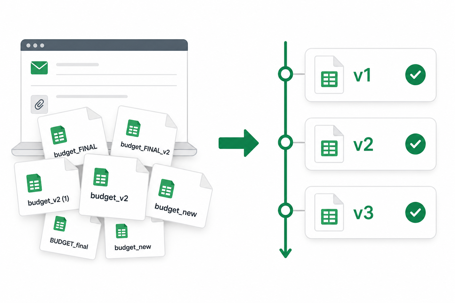 Email attachment chaos transformed into an ordered v1 v2 v3 version timeline