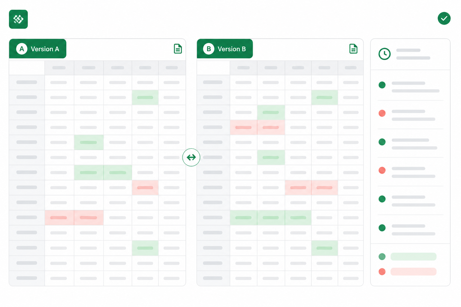 Side-by-side Excel grids with changed cells highlighted in green and red