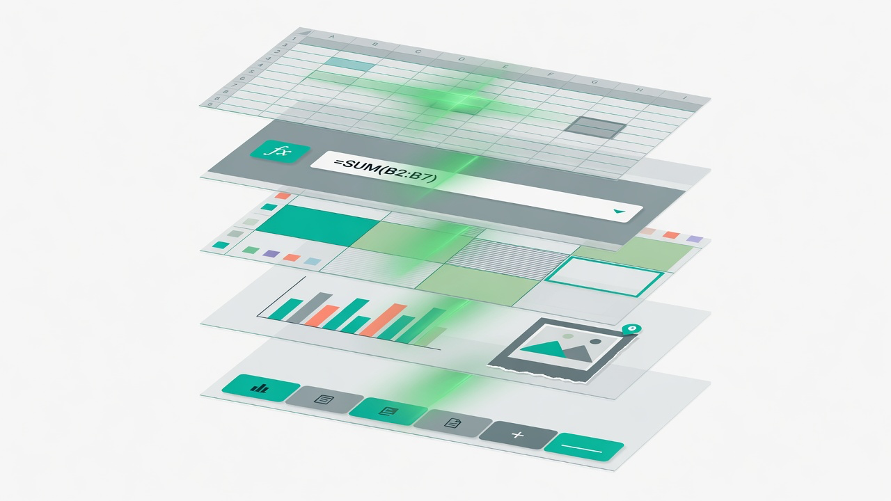 Exploded Excel workbook layers — cells, formulas, formatting, charts, and sheet tabs — scanned together